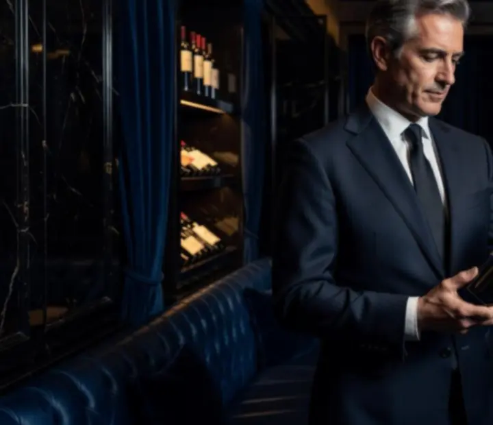Sommelier presenting a bottle of wine to guests in a dark, elegant dining room